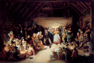 Snap-Apple Night (1832) von Daniel Maclise zeigt eine Halloweenfeier in Blarney, Irland